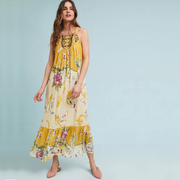 2/$30 Anthropologie One September Paradiso Halter Dress Gold Koi XL #A0452 TRB3 - Picture 1 of 11